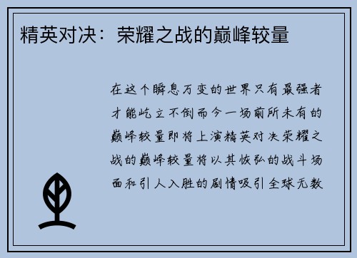 精英对决：荣耀之战的巅峰较量