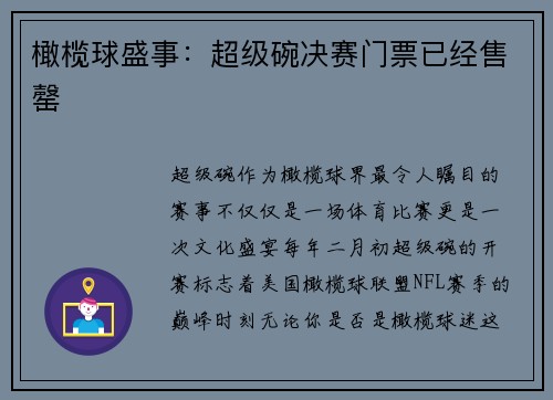 橄榄球盛事：超级碗决赛门票已经售罄